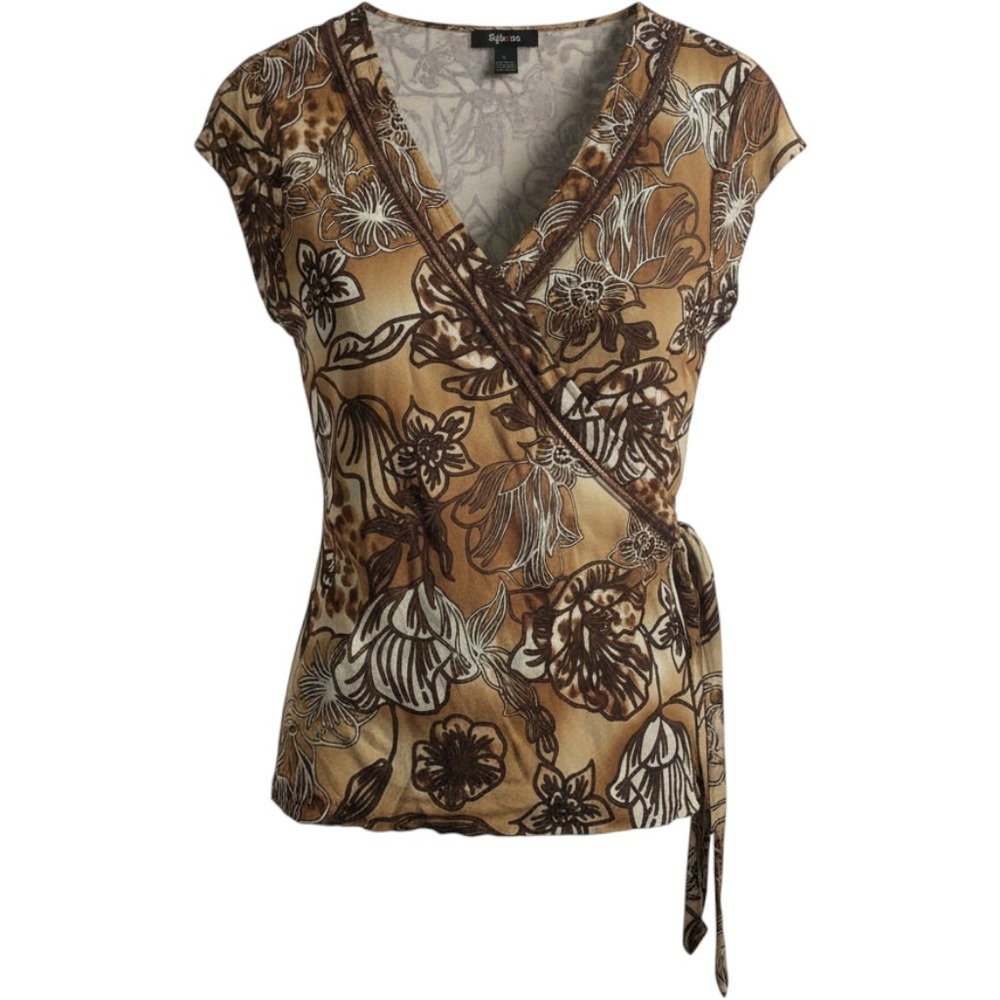 Style & Co Brown Floral Leopard Print Wrap Top Sequin Trim V-Neck Large